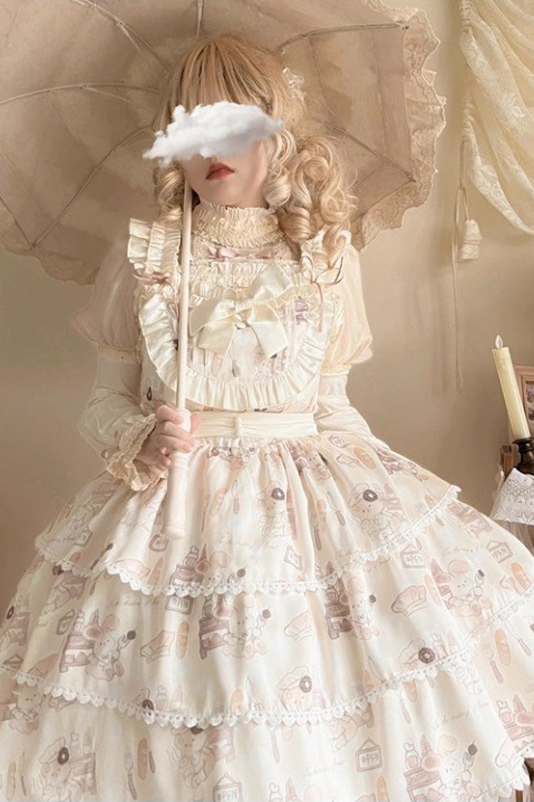 Beige Sleeveless Triple-Layered Print Ruffle Bowknot Sweet Plus Size Lolita Jsk Dress - Product - 8