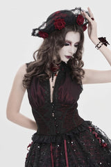 Black/Red Off Shoulder Double-Layered Embroidered Lace Lace-Up Slim Women's Gothic Vest - Product - 11