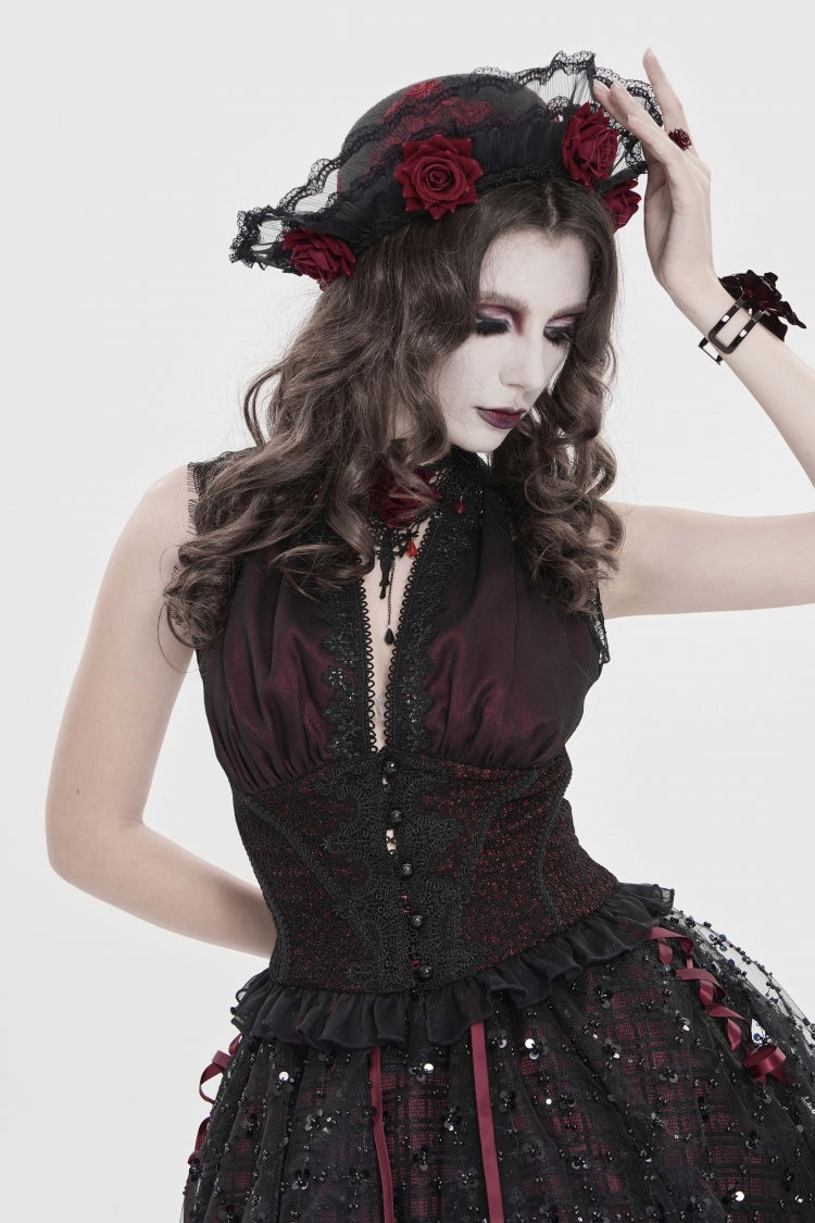 Black/Red Off Shoulder Double-Layered Embroidered Lace Lace-Up Slim Women's Gothic Vest - Product - 11