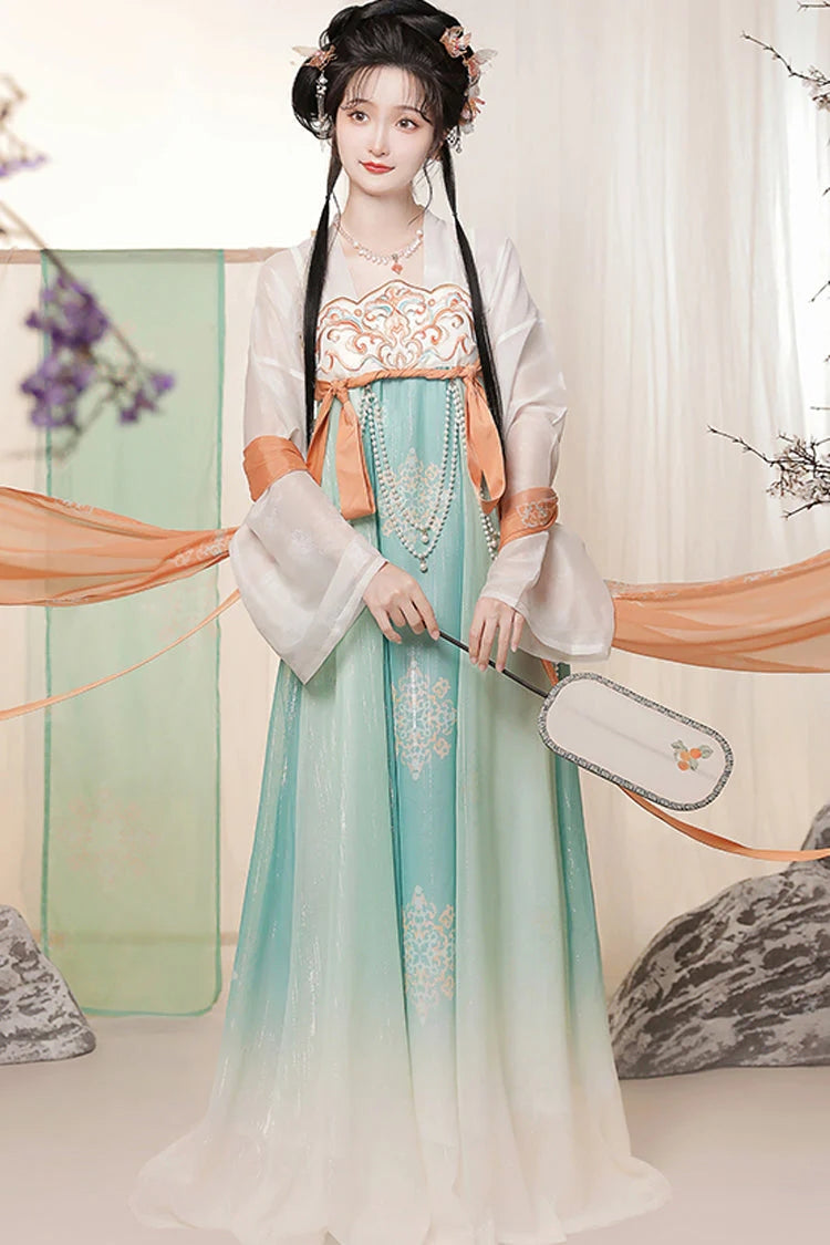 Green Chinese Style <Springtime Greeting> Embroidery High Waisted Long Trumpet Sleeves Hanfu Dress - Product - 3