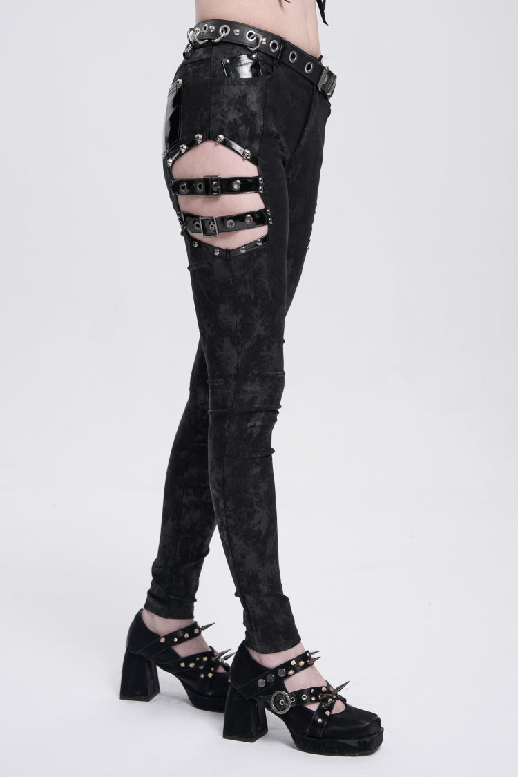 Black Print Cutout Buckle Women's Gothic Pants - Product - 9