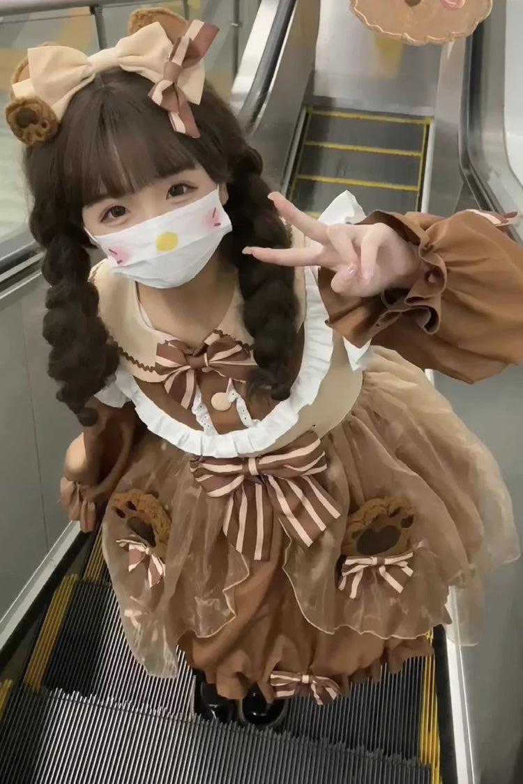 Bear Long Sleeves High Waisted Ruffle Bowknot Sweet Lolita Dress 3 Colors - Product - 7