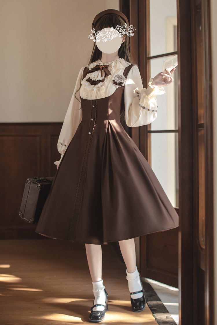 Brown/White [Sunset Academy] Long Sleeves Ruffle Bowknot Fake Two Pieces Vintage College Style Elegant Lolita Dress - Product - 2