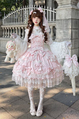 Pink [Sweetheart] Sleeveless Multi-Layered Embroidered Bow Lace Lace-Up Sweet Lolita Jsk Dress - Pink - 1