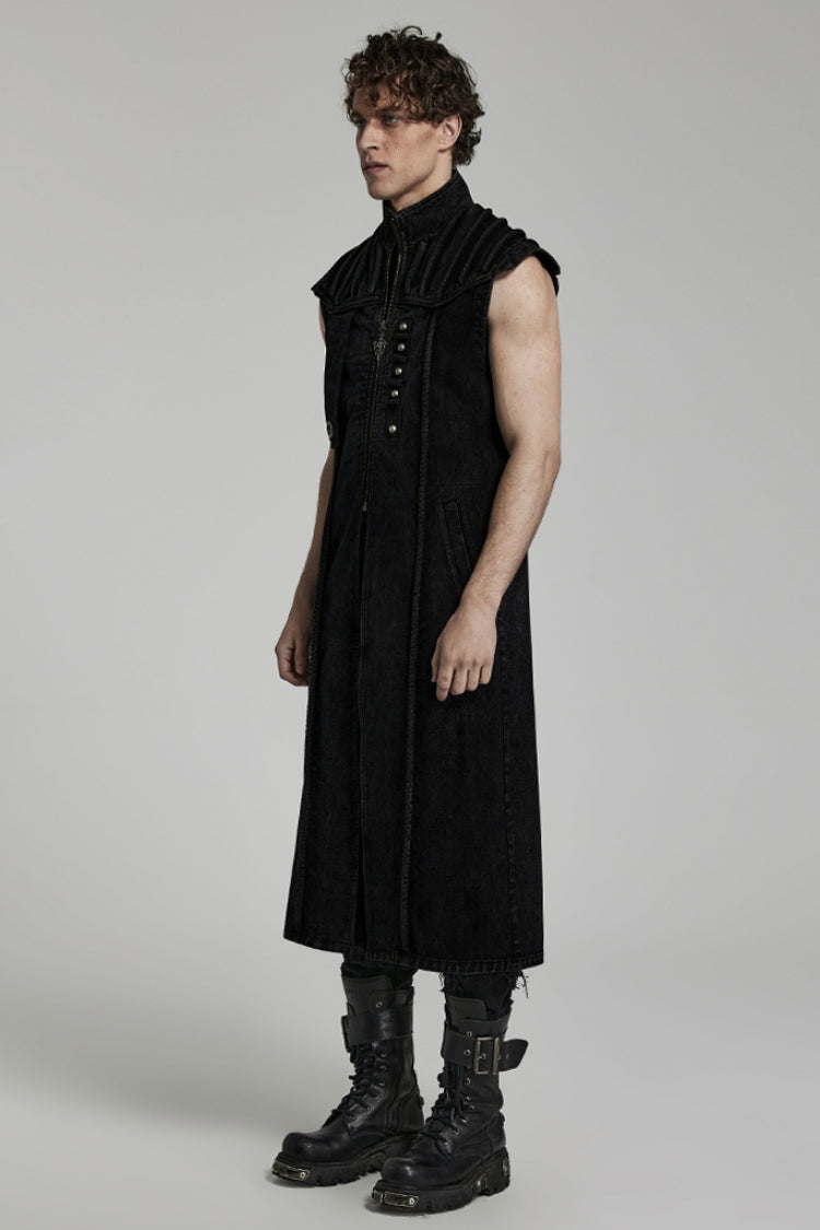Black Stand Collar High Waisted Slim Men's Gothic Long Vest - Product - 3