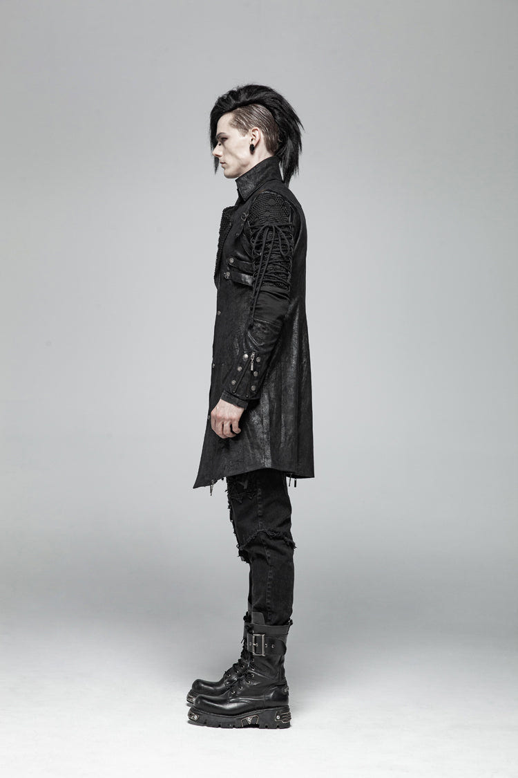 Black Metal Buckle Decoration Zipper Mens Steampunk Windbreaker Coat - Product - 3