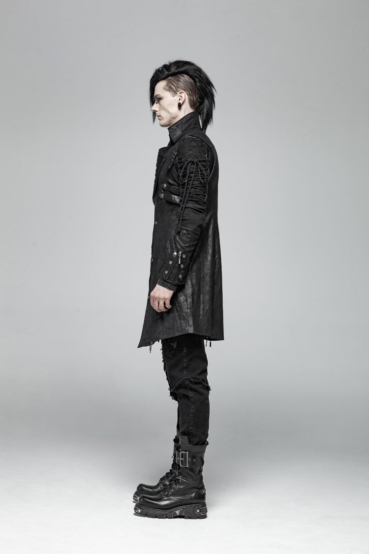 Black Metal Buckle Decoration Zipper Mens Steampunk Windbreaker Coat - Product - 3
