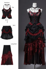 Black/Red [Rotten Bone Flower] Sleeveless Ruffled Embroidered Lace-Up Gothic Lolita Skirt Dress Set - Product - 3