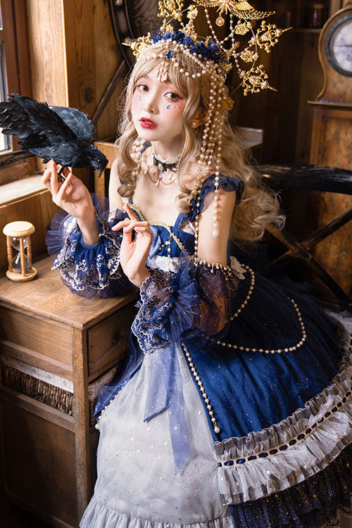 Blue Gorgeous Starry Sky Bowknot Pearl Chain Decoration Multi-Layer Ruffled Sweet Lolita JSK Tiered Dress - Product - 7