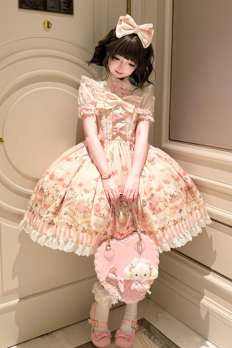 Pink [Strawberry Ice Cream Cheesecake] Square Collar Short Sleeves Printed Ruffled Bow Lace Casual Sweet Lolita Jsk Dress - Product - 2