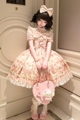 Pink [Strawberry Ice Cream Cheesecake] Square Collar Short Sleeves Printed Ruffled Bow Lace Casual Sweet Lolita Jsk Dress - Product - 2
