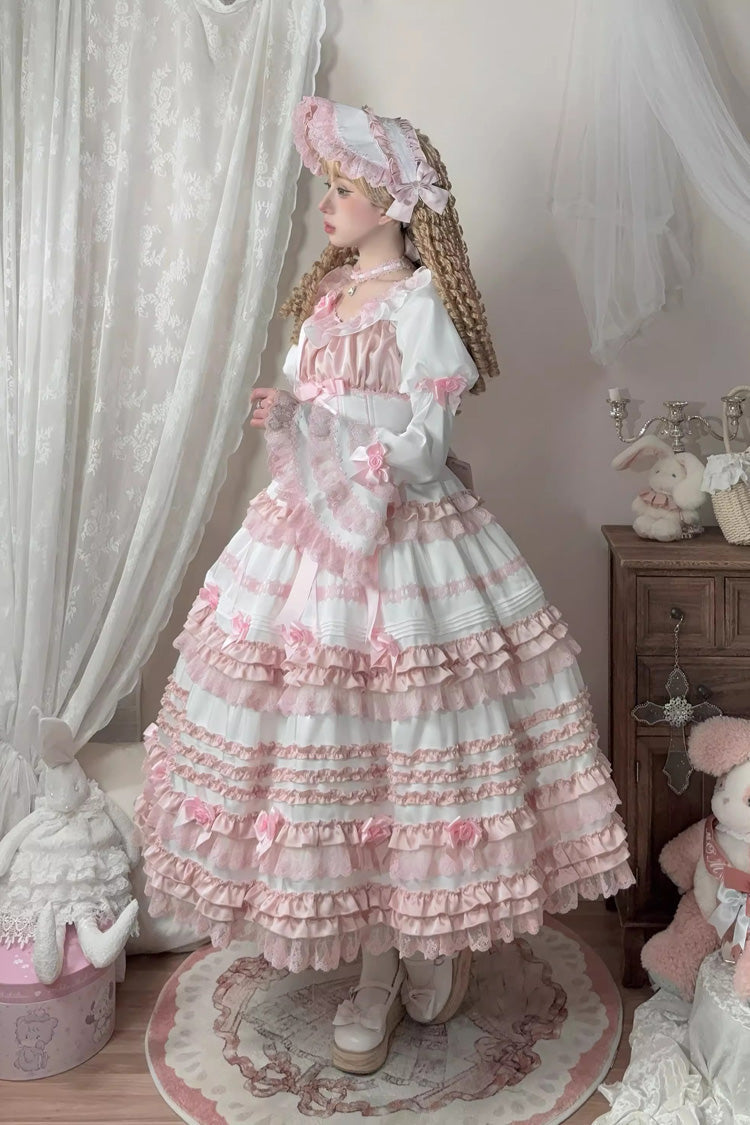 White/Pink [Layered Peach Ice] Short Sleeves Ruffle Bowknot Lace Sweet Lolita Dress - Product - 2