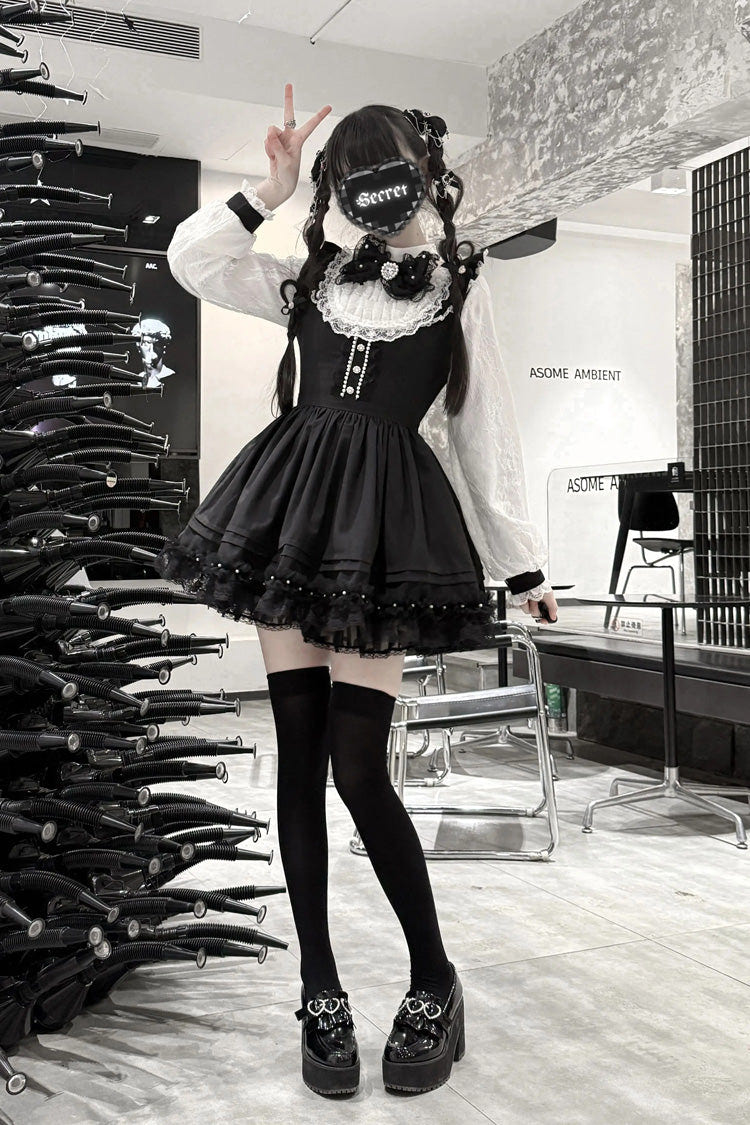 ブラック／ホワイト [Thorn Doll] 長袖 フリル リボン パール-Decorated ゴシック 地雷系 ワンピース 商品画像