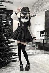 Black/White [Thorn Doll] Long Sleeves Ruffled Bow Pearl-Decorated Gothic Jirai Kei Dress - Product - 7