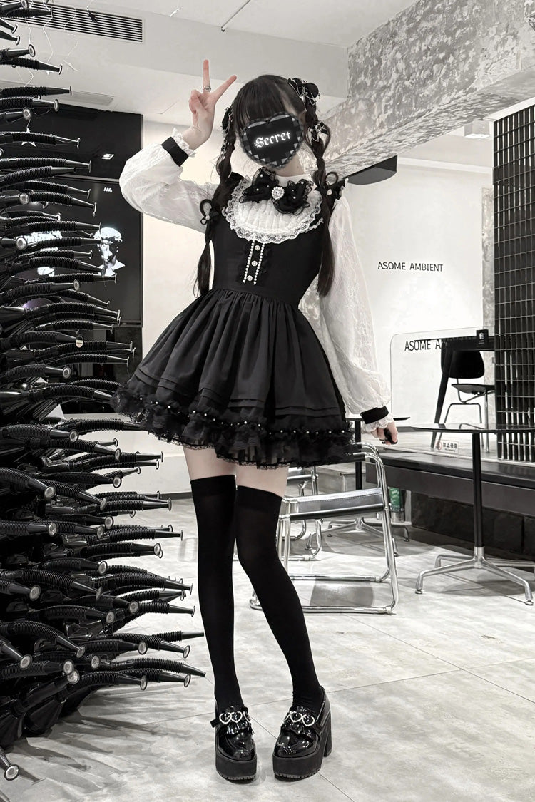 Black/White [Thorn Doll] Long Sleeves Ruffled Bow Pearl-Decorated Gothic Jirai Kei Dress - Product - 7