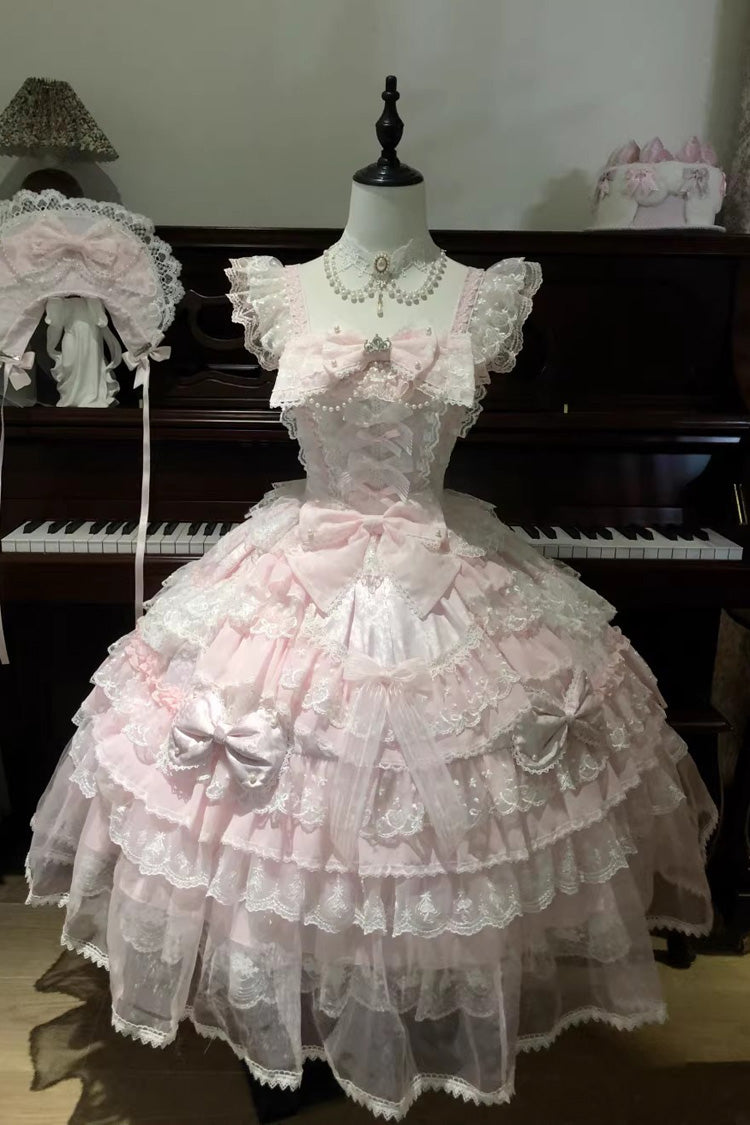 Pink [Prelude of Spring] Sleeveless Multi-Layered Ruffled Bow Lace Sweet Princess Lolita Jsk Dress - Product - 5