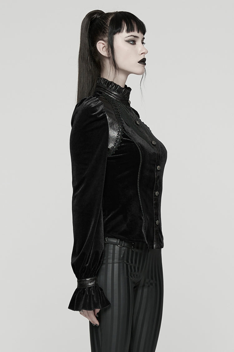 Black Stand Collar Long Puff Sleeves Stitching Lace-Up Women's Gothic Coat - Product - 2