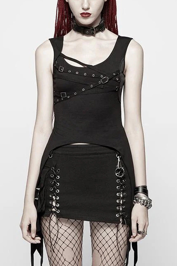 Black Metal Buckle Irregular Hem Women's Punk Vest - Black - 1
