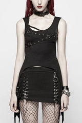 Black Metal Buckle Irregular Hem Women's Punk Vest - Black - 1