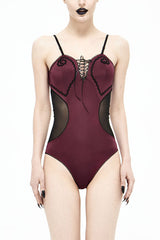 Wine Red Waist Splice Mesh Lace Up Gothic One Piece Swimsuit - Red - 1