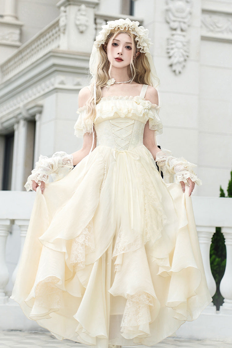 Ivory [Moonlight Variations] Sleeveless Ruffle Lace-Up Sweet Lolita Jsk Long Dress - Product - 3