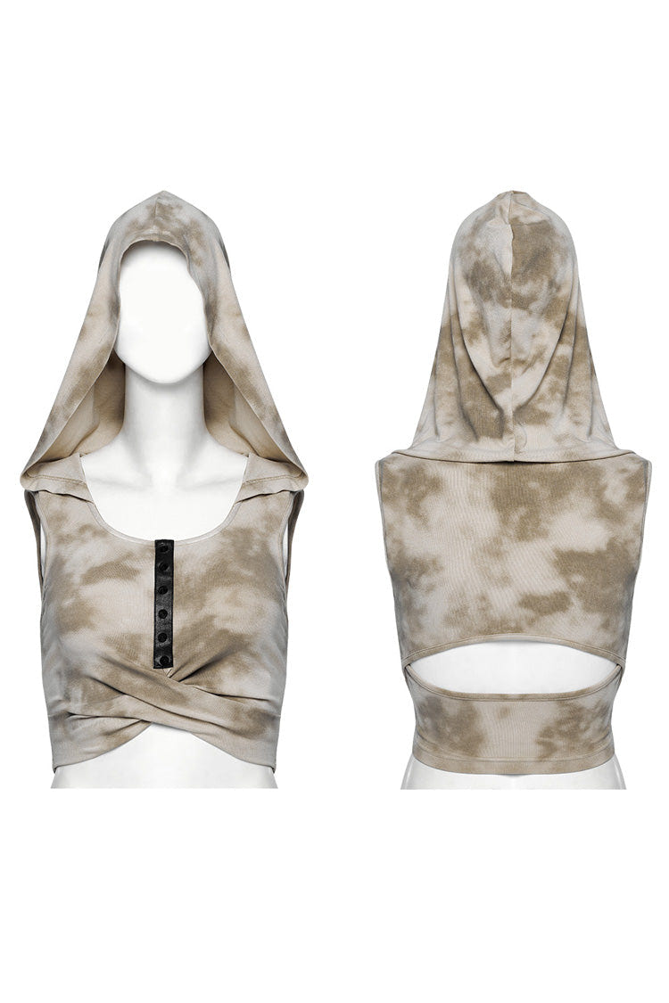 Black/Coffee Sleeveless Cutout Crossed Hooded Women's Punk Tank Top - Product - 5