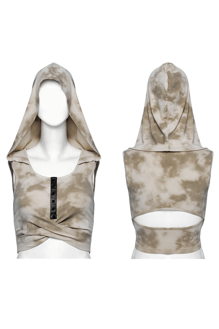 Black/Coffee Sleeveless Cutout Crossed Hooded Women's Punk Tank Top - Product - 5