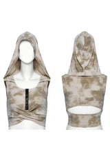 Black/Coffee Sleeveless Cutout Crossed Hooded Women's Punk Tank Top - Product - 5