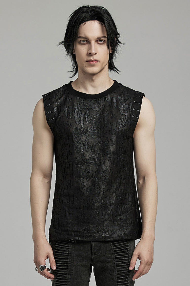 Black Round Collar Sleeveless Print Ripped Distressed Eyelet Men's Gothic Tank Top - Black - 1