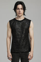 Black Round Collar Sleeveless Print Ripped Distressed Eyelet Men's Gothic Tank Top - Black - 1