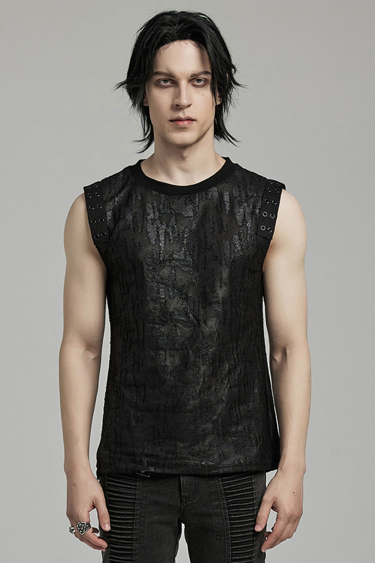 Black Round Collar Sleeveless Print Ripped Distressed Eyelet Men's Gothic Tank Top - Black - 1