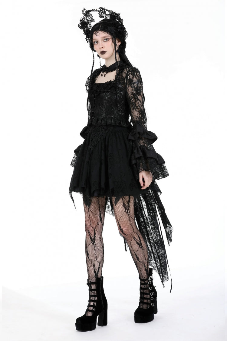 Black Multi-Layered Long Trumpet Sleeves Lace Lace-Up Women's Gothic Top - Product - 2