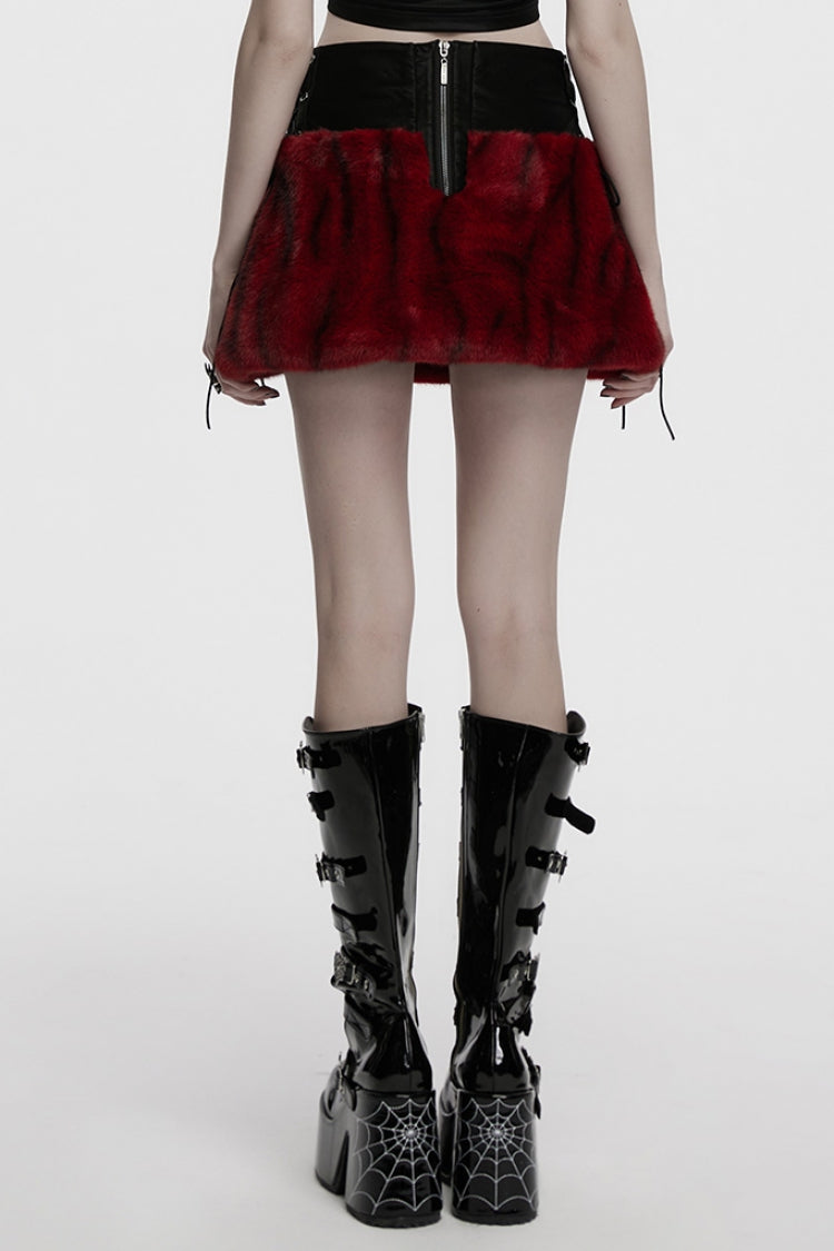 Black/Red Faux Fur Stitching Faux Leather Lace-Up Women's Punk Skirt - Product - 3