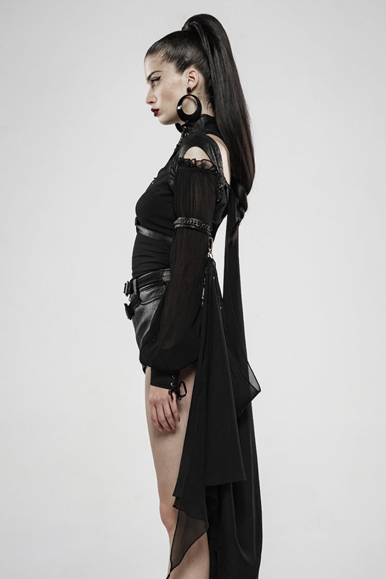 Black Stand Collar Sleeveless Metal Buckle Leather Strap Womens Gothic Cloak - Product - 2
