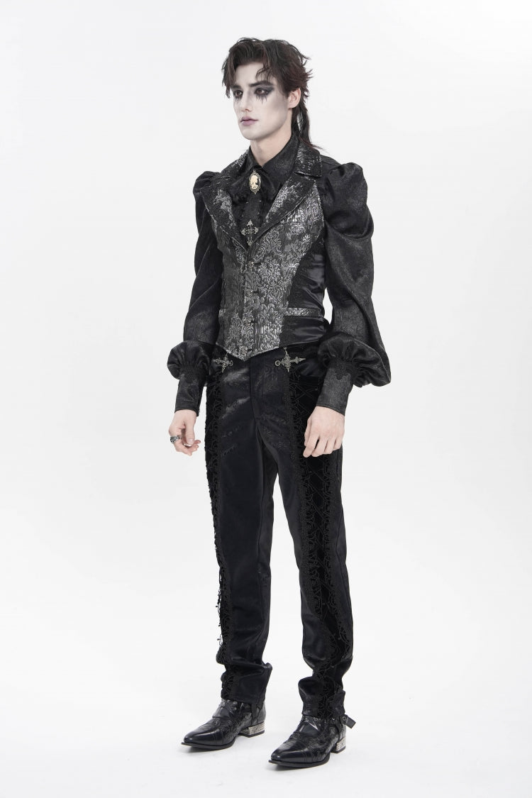 Black Lapel Collar Off Shoulder Halterneck Sleeveless Jacquard Lace Slim Color-Blocked Men's Gothic Palace Vest - Product - 3