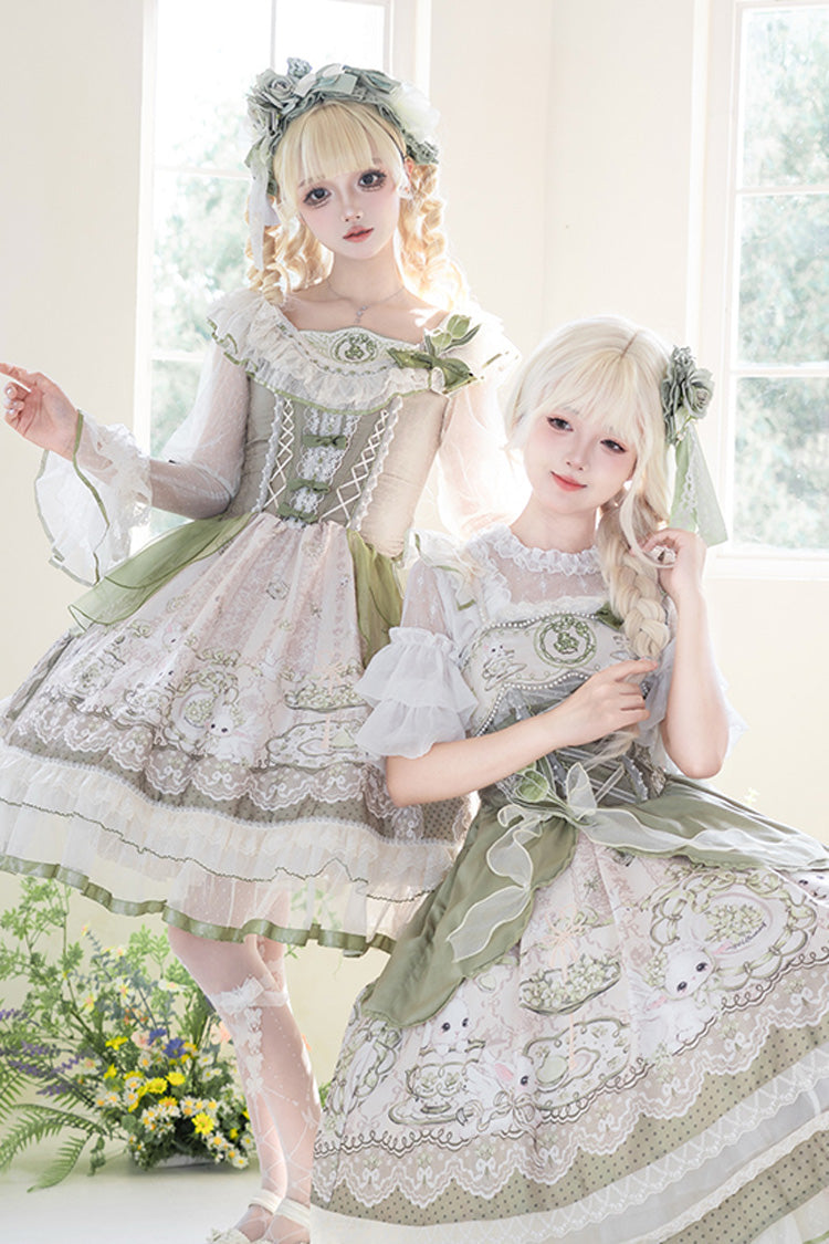 Green [Teacup Rabbit] Multi-Layered Print Ruffle Embroidery Bowknot Lace Asymmetric Sweet Elegant Lolita Jsk Dress - Product - 17
