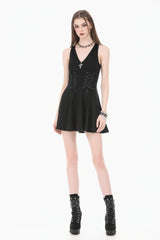 Black Cross Plunging Sleeveless Side Corset Lace-Up Women's Gothic Short Dress - Product - 10