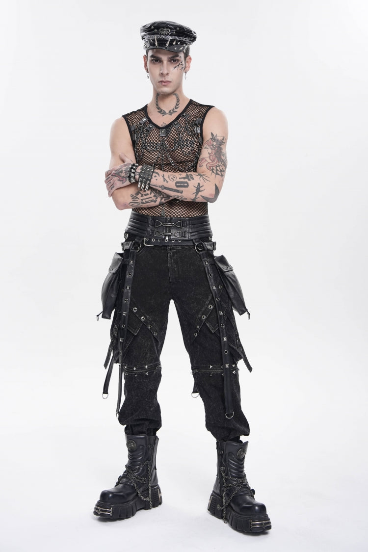 Black Lace-Up Studded Buckled Zippered Eyelet Men's Punk Cool Accessory with Pouches - Product - 9