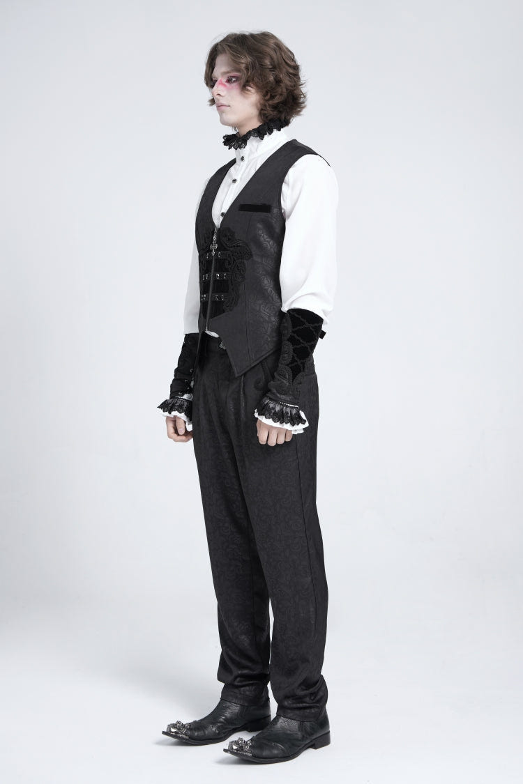 Black Sleeveless Floral Embroidery Stitching Velvet Men's Gothic Vest - Product - 8