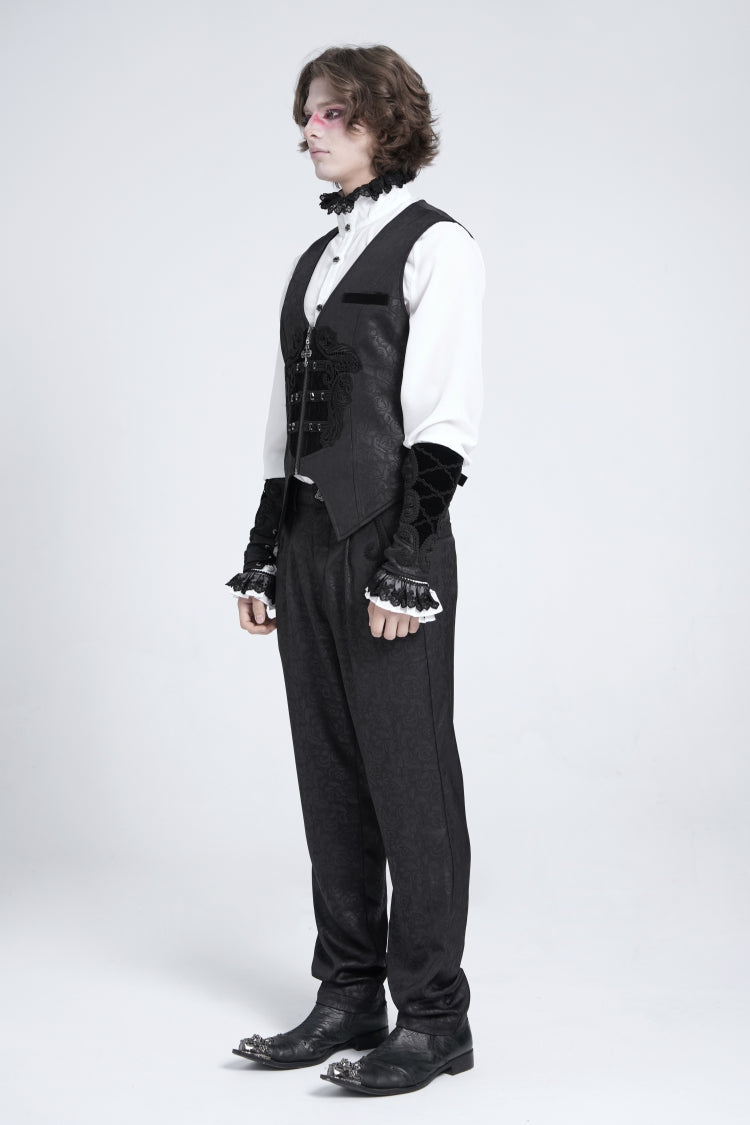 Black Sleeveless Floral Embroidery Stitching Velvet Men's Gothic Vest - Product - 8