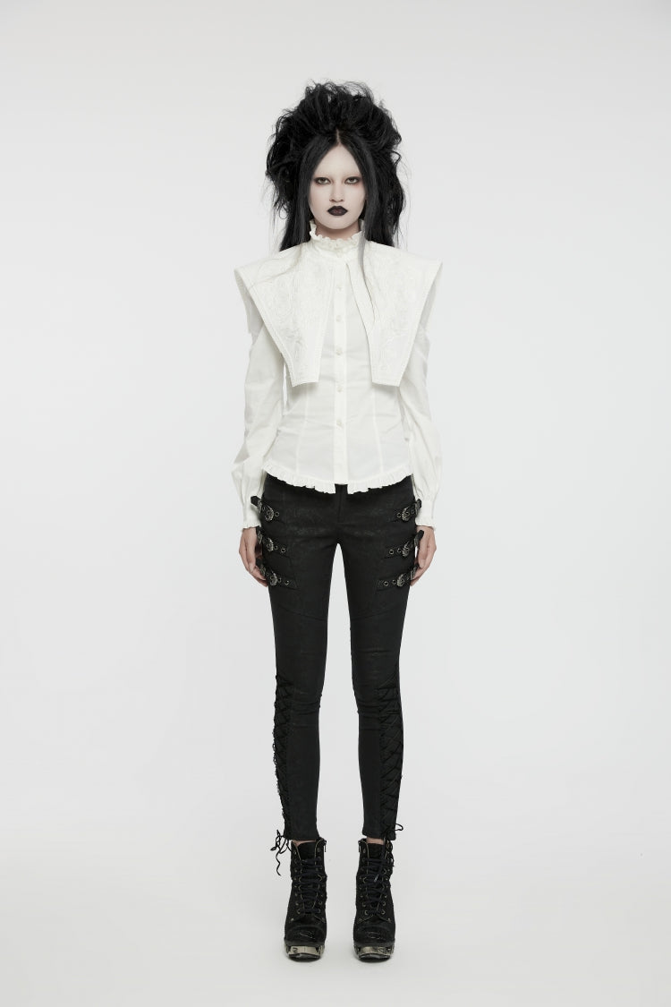 White Stand Collar Ruffle Lace-Up Women's Gothic Blouse - Product - 4
