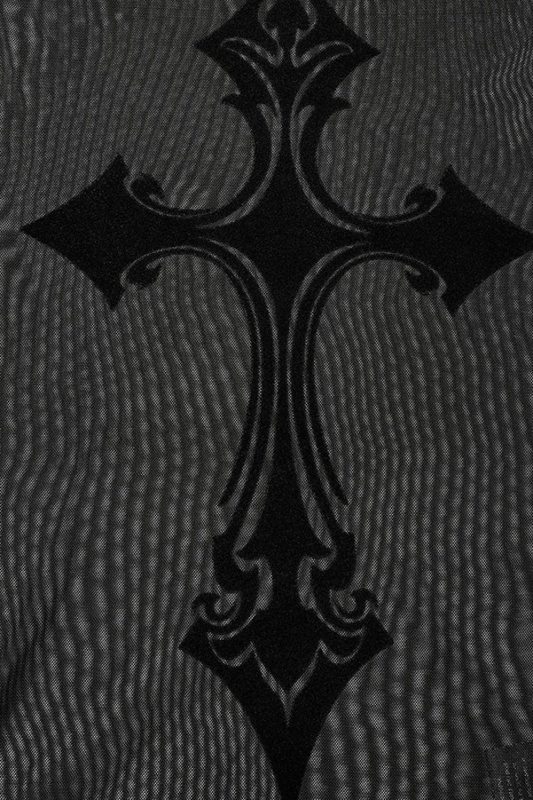 Black Long Sleeves Cross Print Slim Sheer Womens Gothic T-Shirt - Product - 6