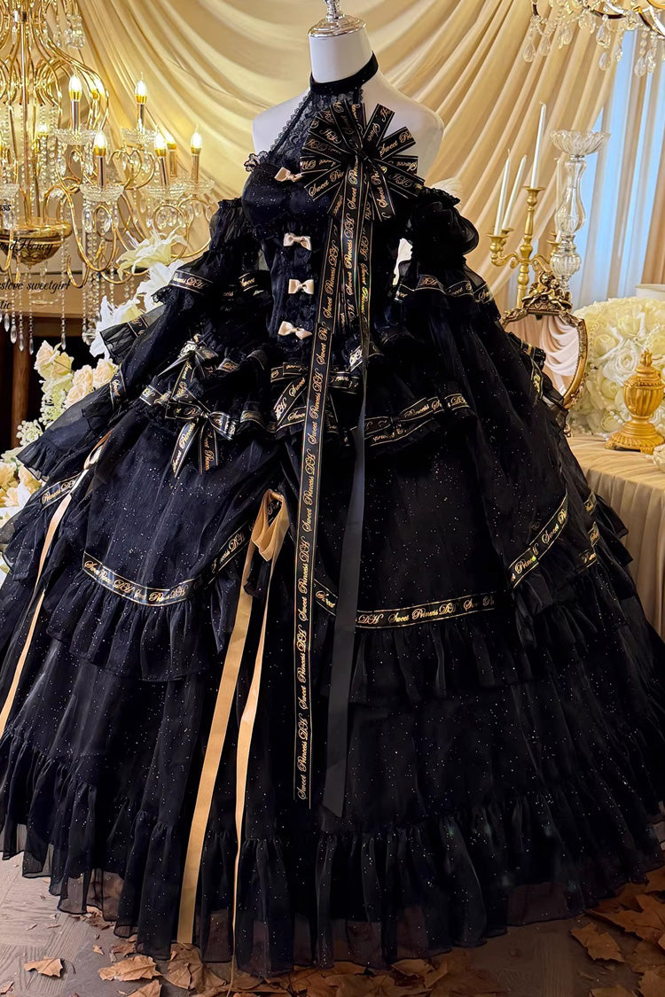 Black [Obsidian Banquet] Double-Layered Ruffled Hanayome Bow Lace Sweet Gothic Princess Lolita Jsk Dress - Product - 3