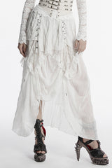 White Ruffle Stitching Lace Lace-Up High/low Women's Gothic Skirt - White - 1