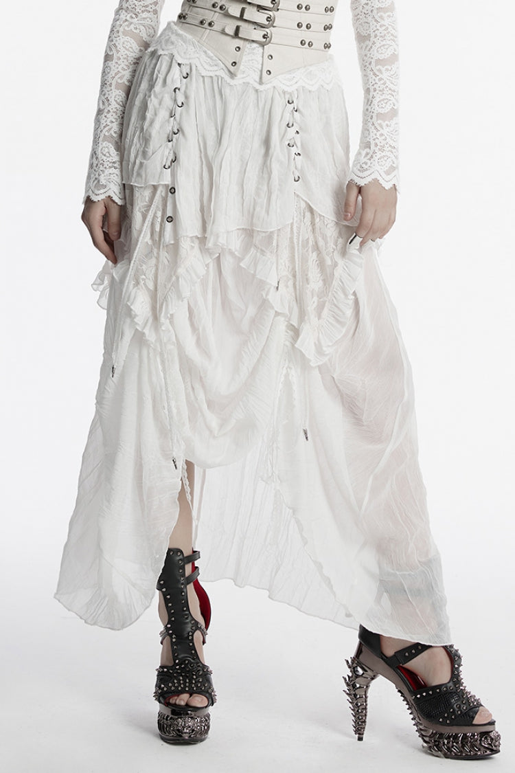 White Ruffle Stitching Lace Lace-Up High/low Women's Gothic Skirt - White - 1