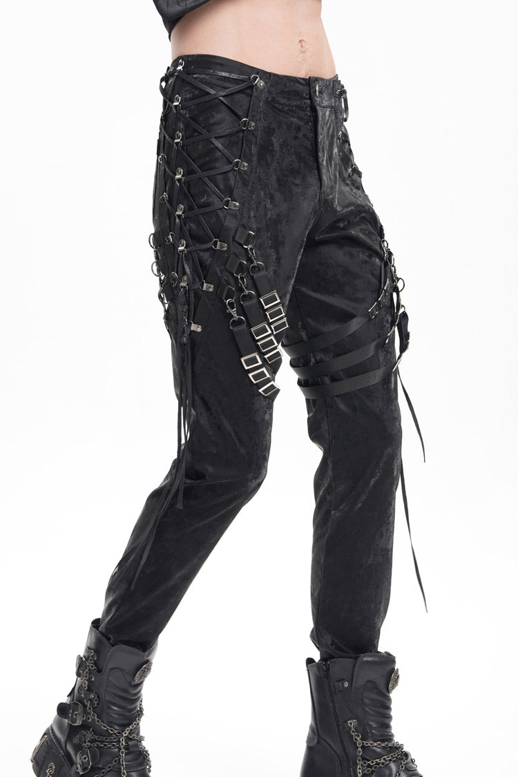 Black Buckle-up Spaghetti Straps Stitching Men's Gothic Pants - Product - 2