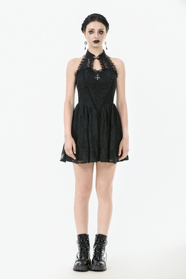 Black Off Shoulder Halterneck Sleeveless Lace Women's Gothic Short Dress - Product - 5
