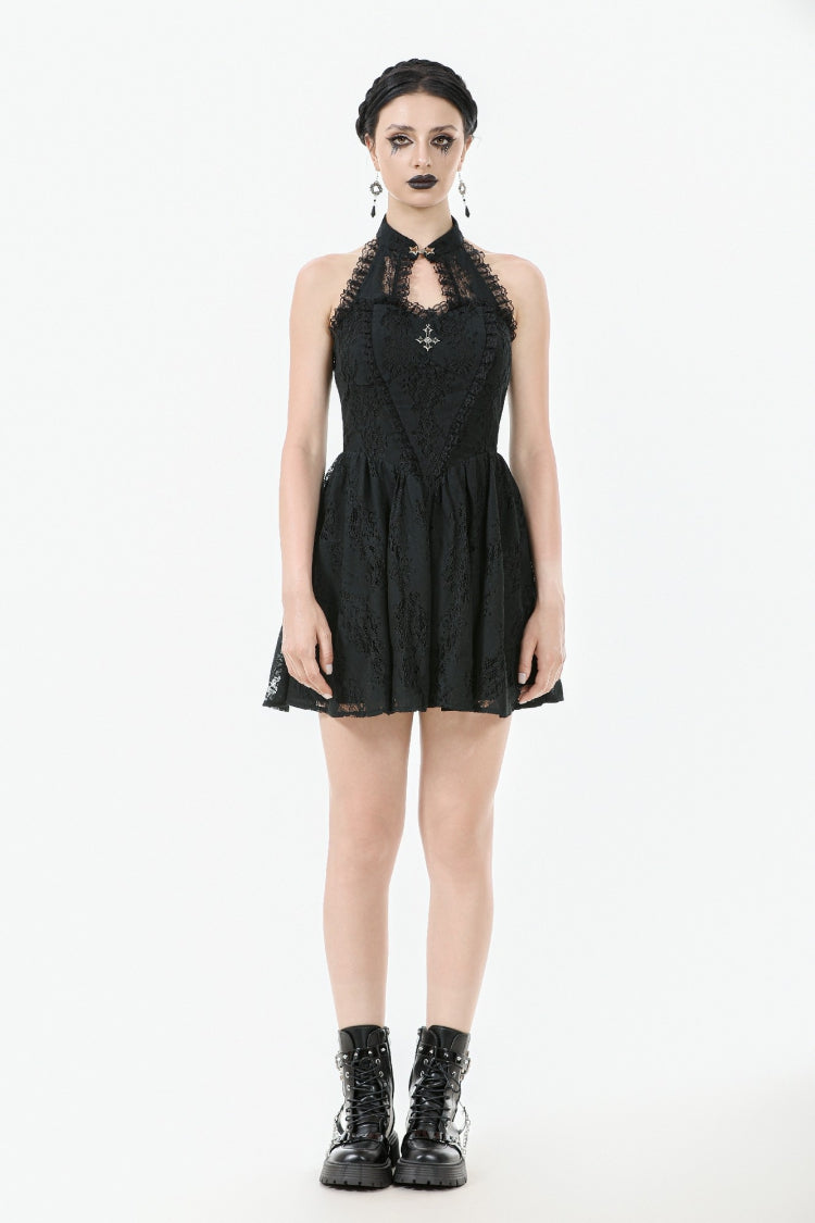 Black Off Shoulder Halterneck Sleeveless Lace Women's Gothic Short Dress - Product - 5
