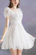 White Vintage Square Collar Ruffled Princess Short Sleeve Dot Print High Waisted Mesh Sweet (Dress Only) front view