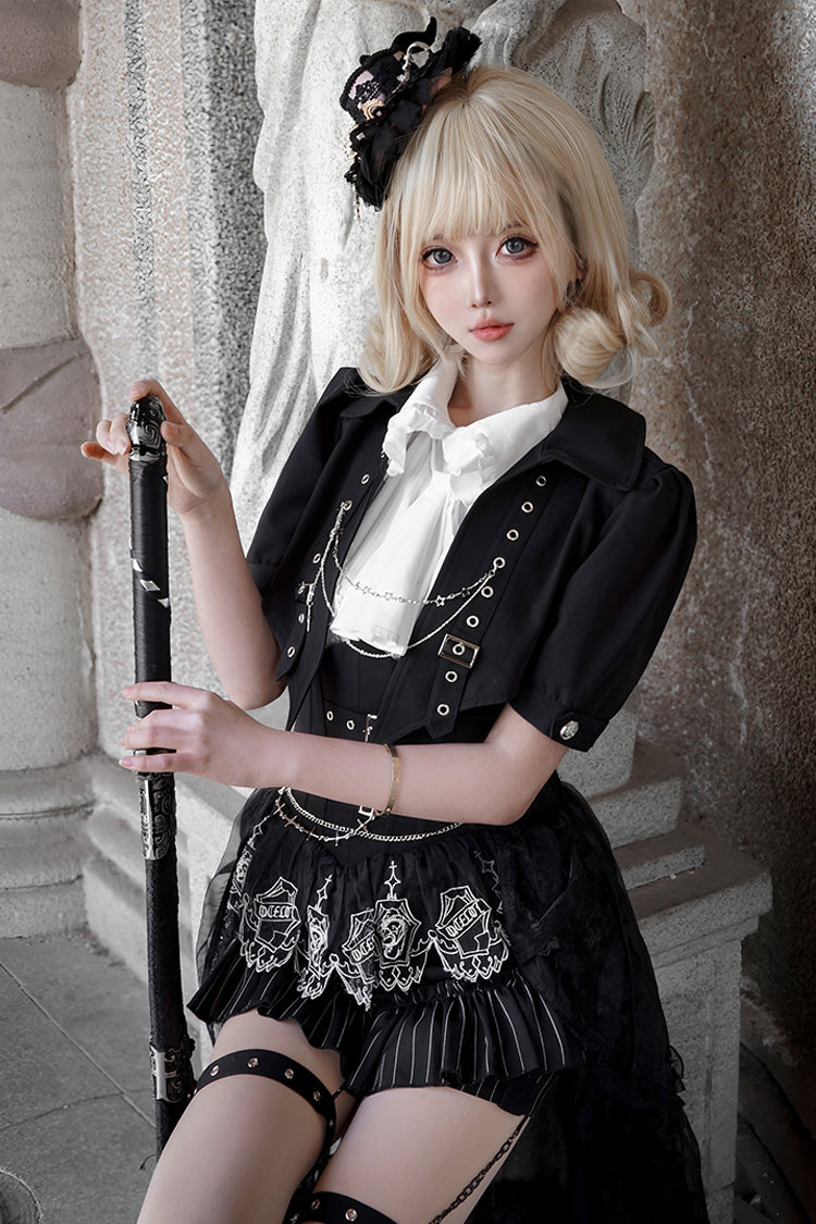 Black Lapel Collar Short Sleeves Lace Prince Ouji Lolita Three-piece Set - Product - 12